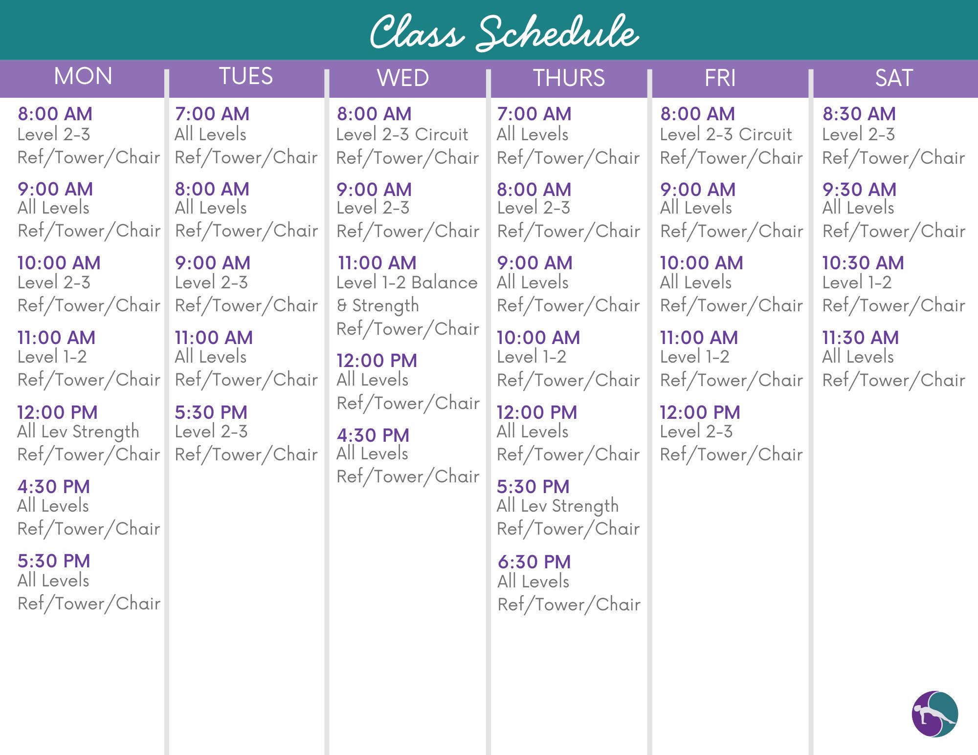 Weekly Pilates class schedule with times and levels.