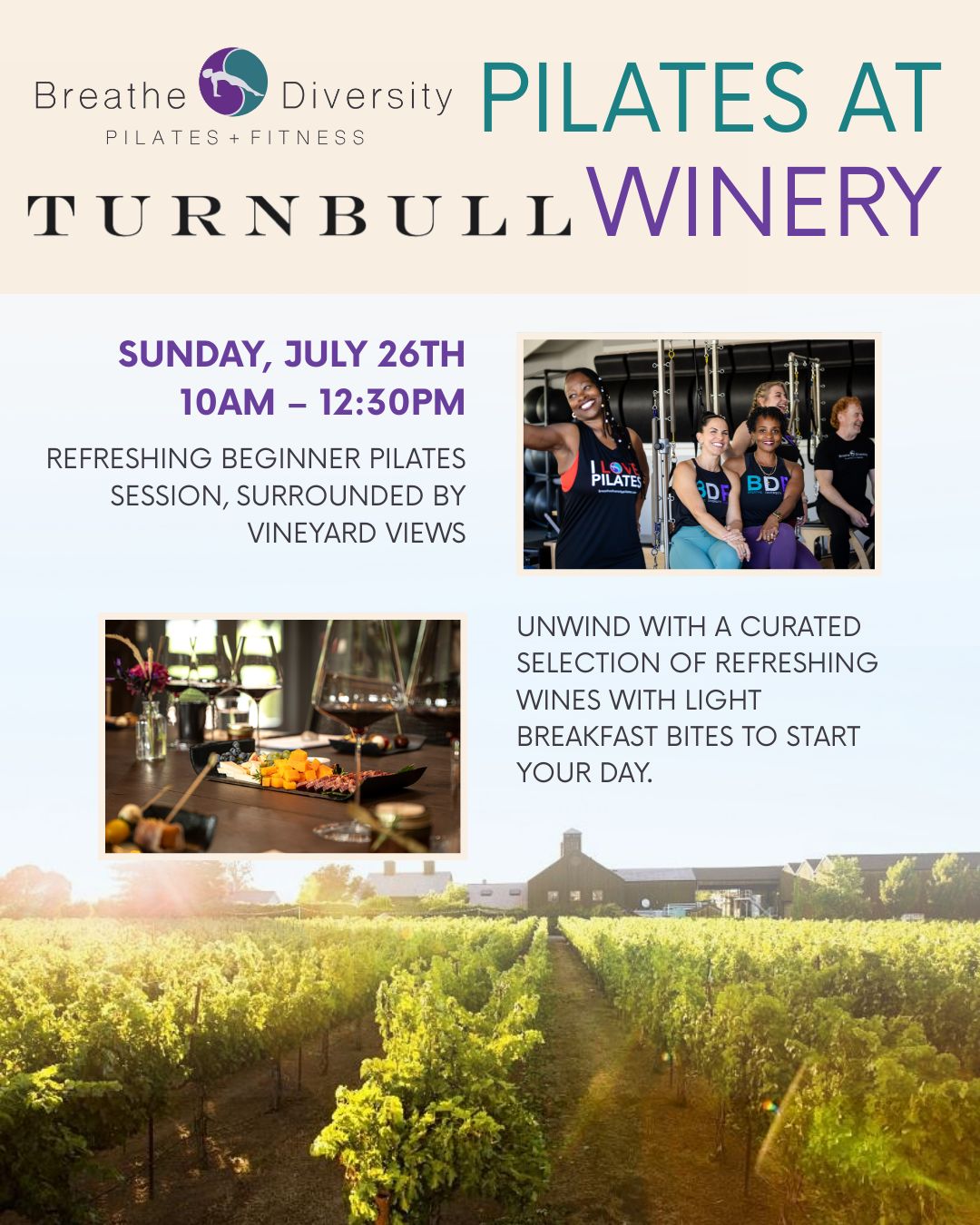 Pilates event at Turnbull Winery vineyard